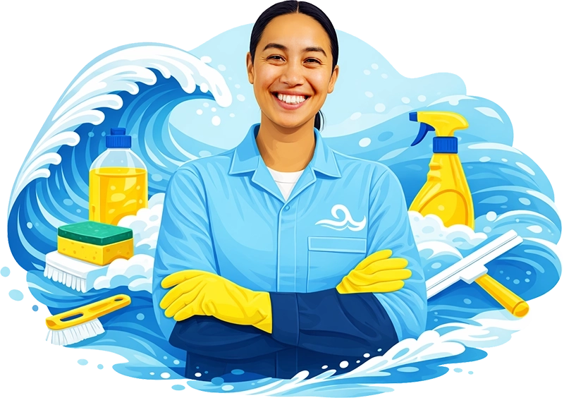 A woman is depicted wearing an oceanside elite apron and gloves. behind her a wave carrying various cleaning items can be seen.